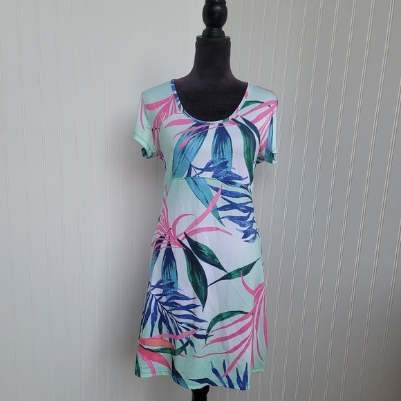 NWOT Reel Legends Open Back Tropical Floral Short Sleeve Mint Stretch Dress L - Picture 1 of 10